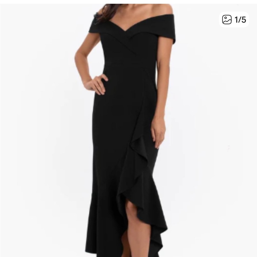 Xscape Black Off-Shoulder High-Low Ruffle Dress